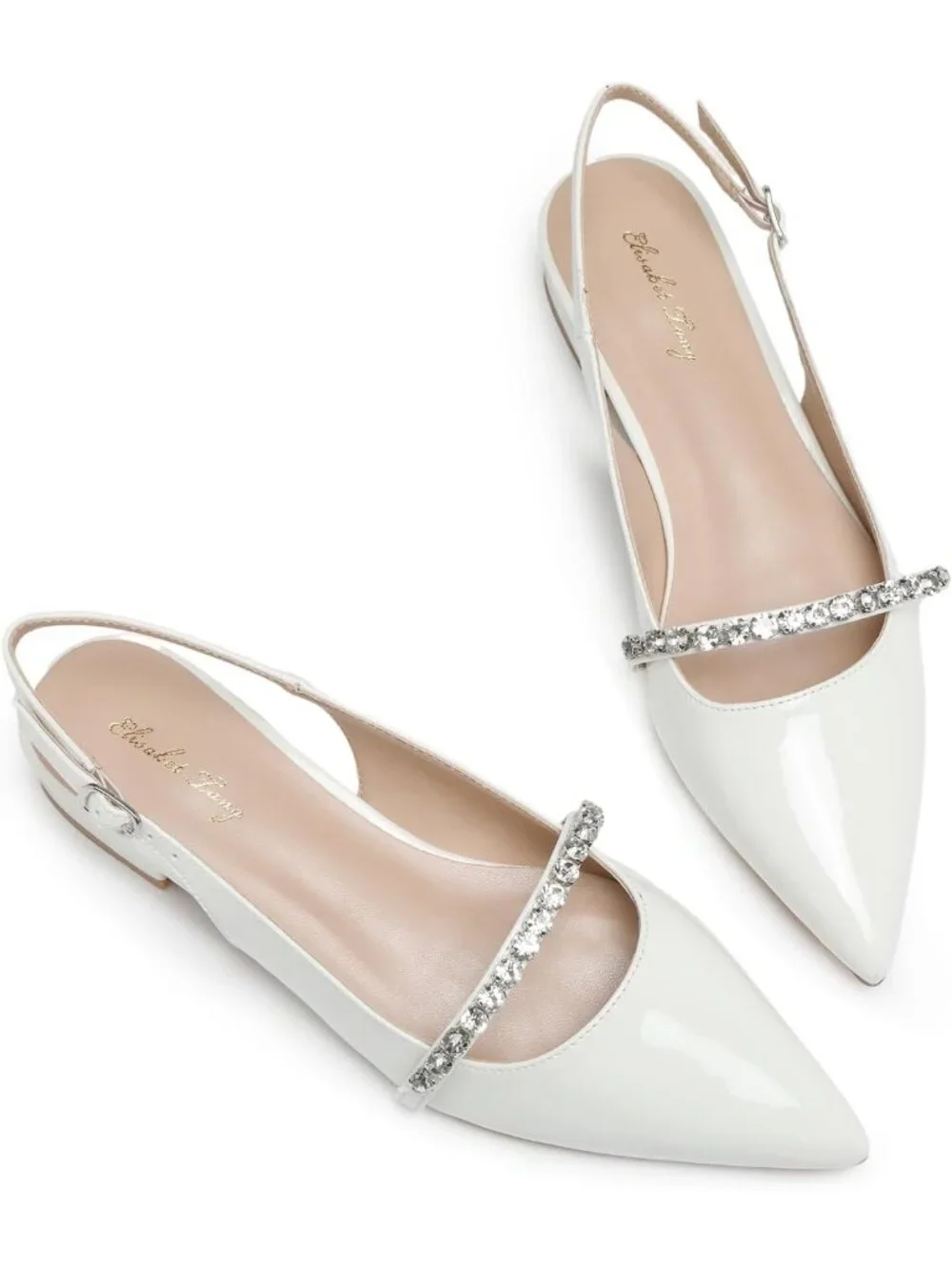 Women's White Patent Slingback Flats With Rhinestone Pointed Toe Backstrap Shoes